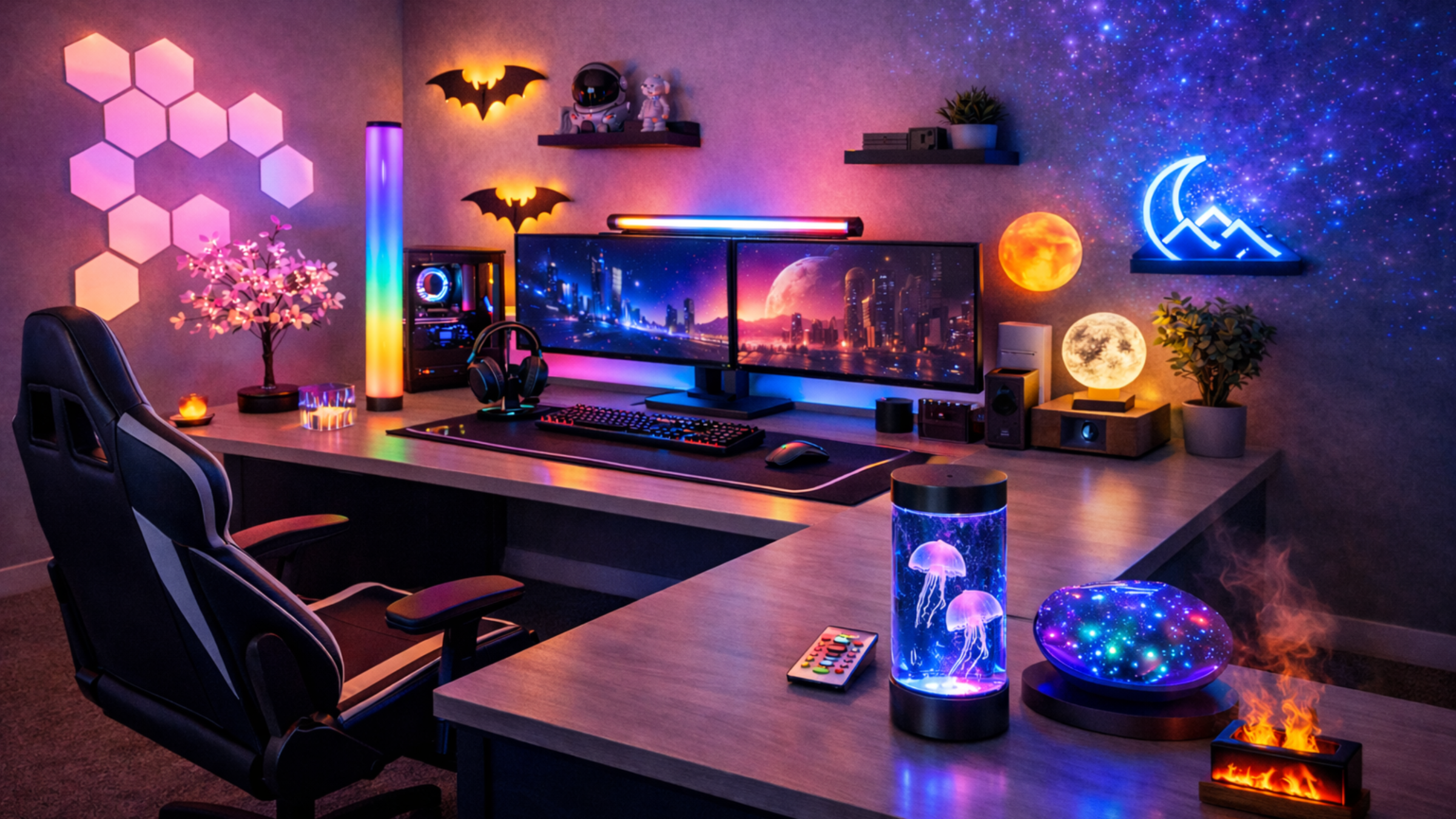 Modern RGB gaming room setup with LED ambient lighting, jellyfish lamp, moon lamp, galaxy projector, and aesthetic desk decor by Aesthetic Labs
